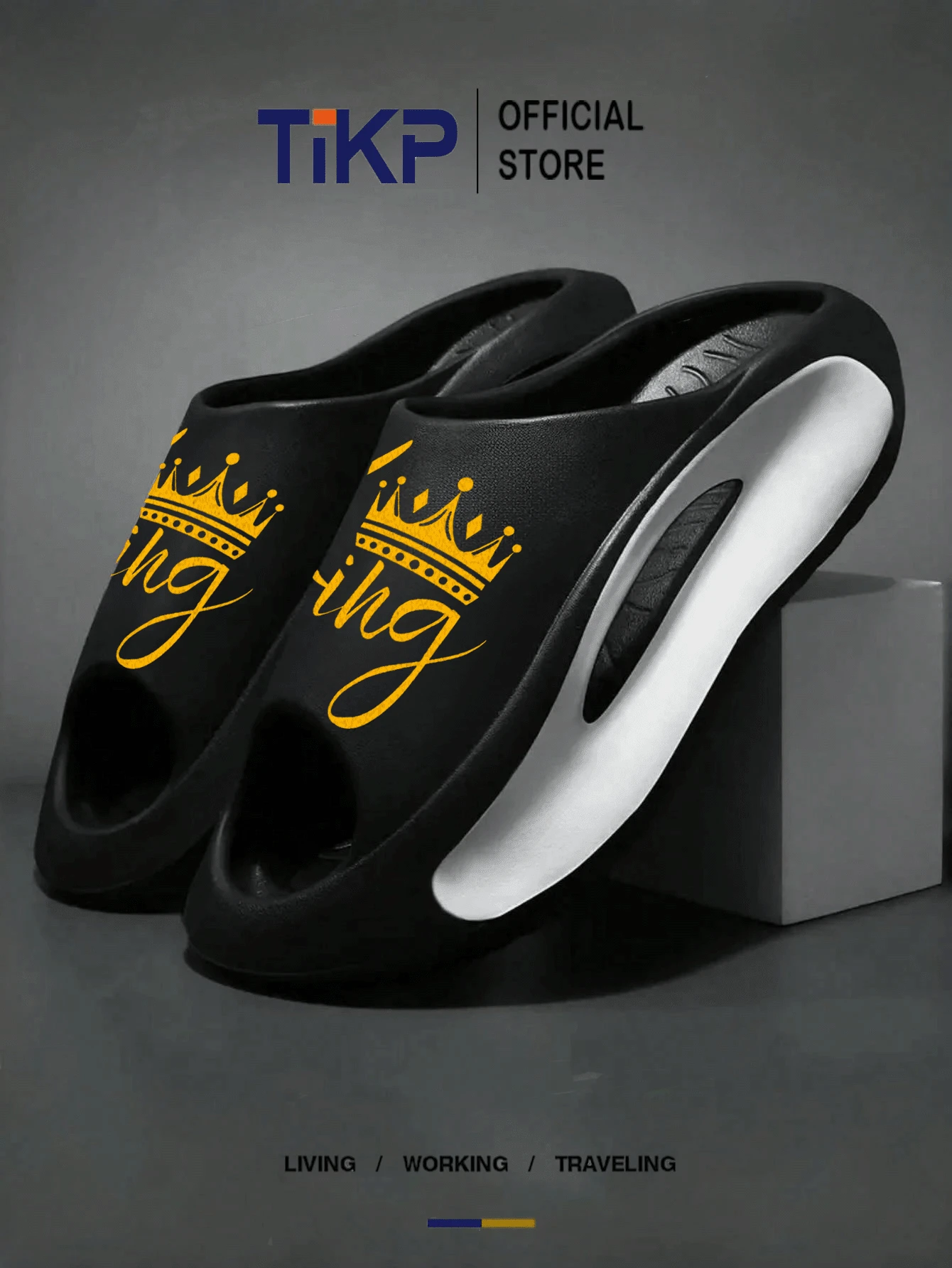 TIKP Men's Fashionable Lightweight EVA Slippers, Non-Slip Open Toe Sandals, Casual Summer Slides, Suitable For Outdoor, Beach, Shower, Unisex - Black, White and Gold KING - View 1