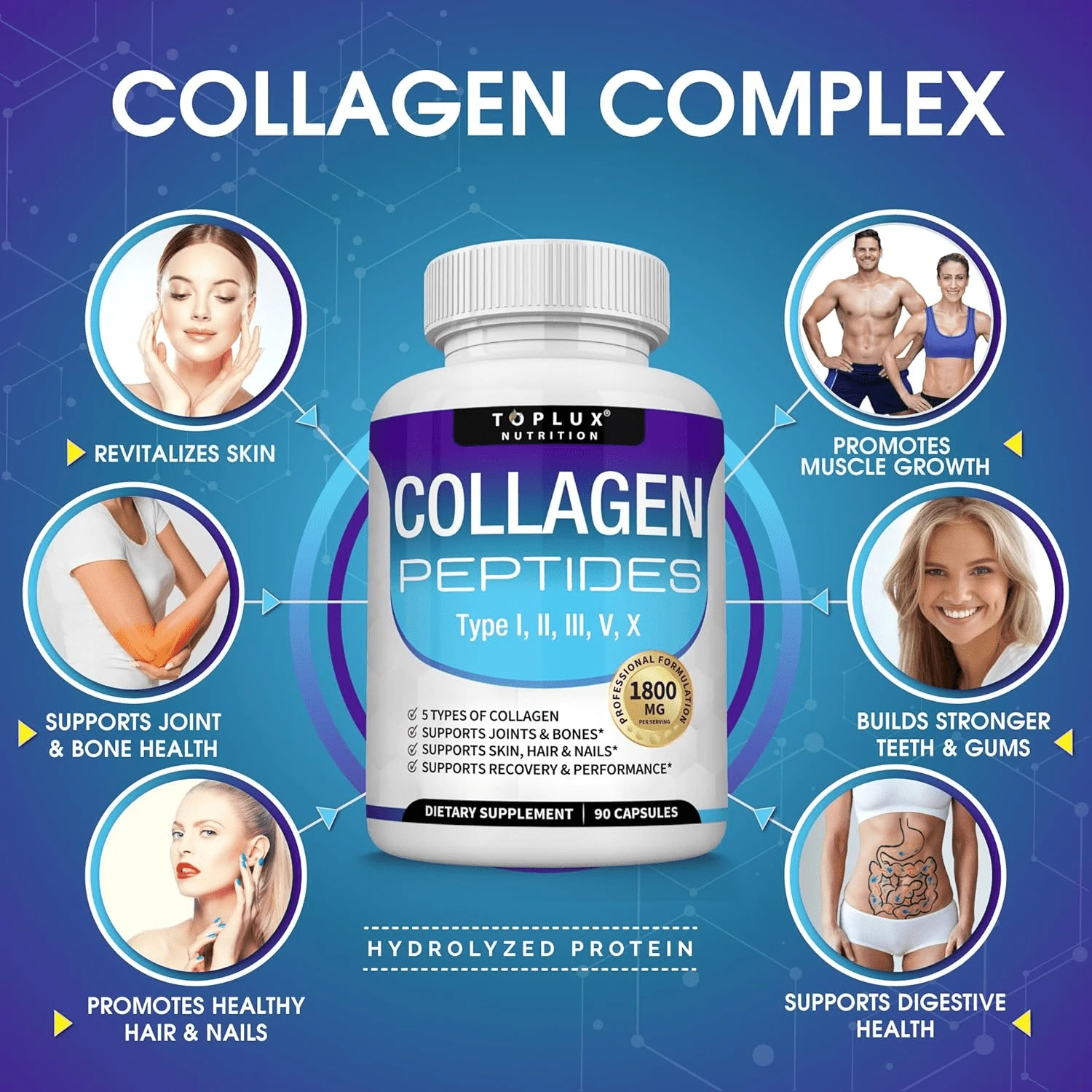 GWYNNE Toplux Multi Collagen Peptides Pills 1800 Mg Complex - Tipo I, Ii, Iii, V, X Complejo De Colágeno Premium Para Mejor Piel Y Pelo, Artículos Fuertes, Proteína Hidrolizada, 90 Cápsulas
