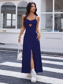 REF:AS1826 - Long Dress With Thin Straps And Front Slit: Elegance And Sensuality In The Same Look - 藏蓝色 - 查看 4