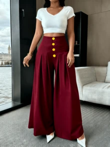 Women's Loose-Fitting Wide-Leg Pants, Solid Color, With Front Buttons And Pleats, Sizes S, M, L - Burgundy - View 4
