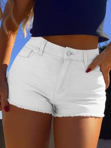 Plus Size White Denim Shorts Women's Summer Mid-Waist Raw Edge New Slim Fit Straight Denim Shorts - White - View 3