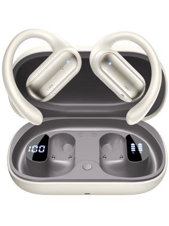 Tagry Auriculares abiertos A12 con gancho para la oreja, tiempo de reproducción de 40 horas, carga rápida, IPX7 resistente al agua, Bluetooth 5.4, auriculares abiertos ergonómicos con gancho para la oreja para actividad física, correr, conducir, color beige