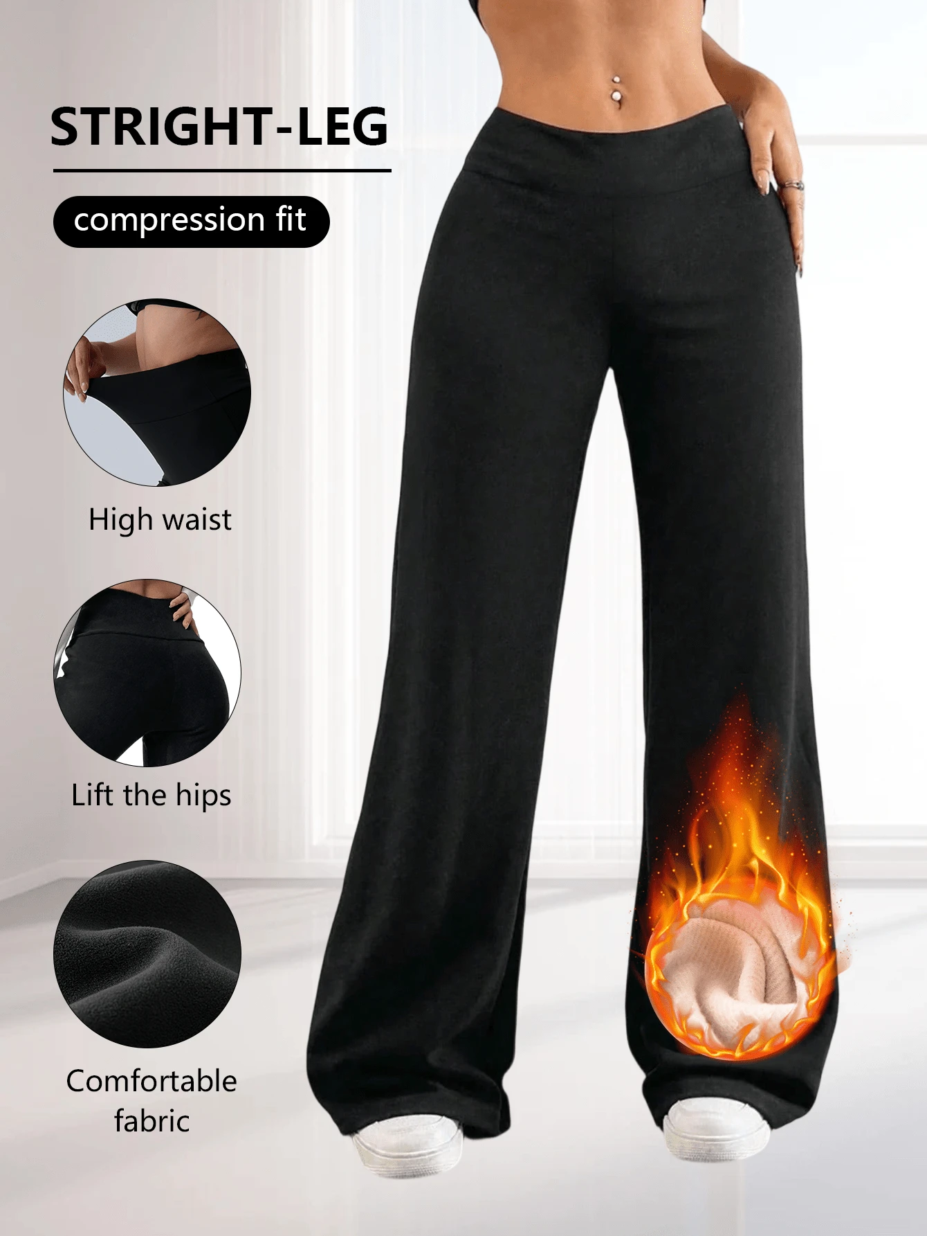 1件装女士秋冬磨毛直筒裤，带保暖内衬，适合高尔夫、优雅、休闲、运动、通勤、野餐、瑜伽、打底裤等场合。 - 黑色 - 查看 1