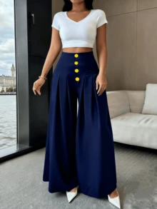 Calça Pantalona Feminina Solta, de Cor Sólida, com Botões na Frente e Pregas P M G - Azul Marinho - Visão 3