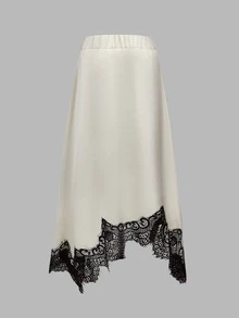 Women's Spring/Summer Elegant Satin Contrast Lace Trim Asymmetrical Skirt, Glossy Finish, Minimalist & Fashionable For Casual And Date Wear - Apricot - View 3