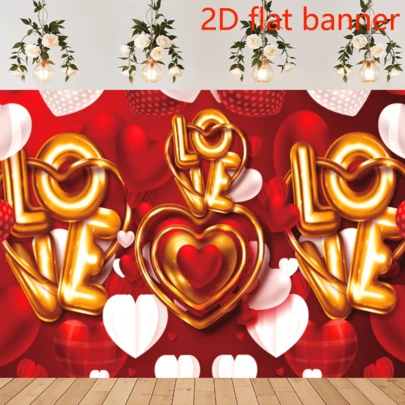 2D平面横幅，在奢华的红金场景中，立体LOVE艺术字体和多层心形装饰共同庆祝情人节。