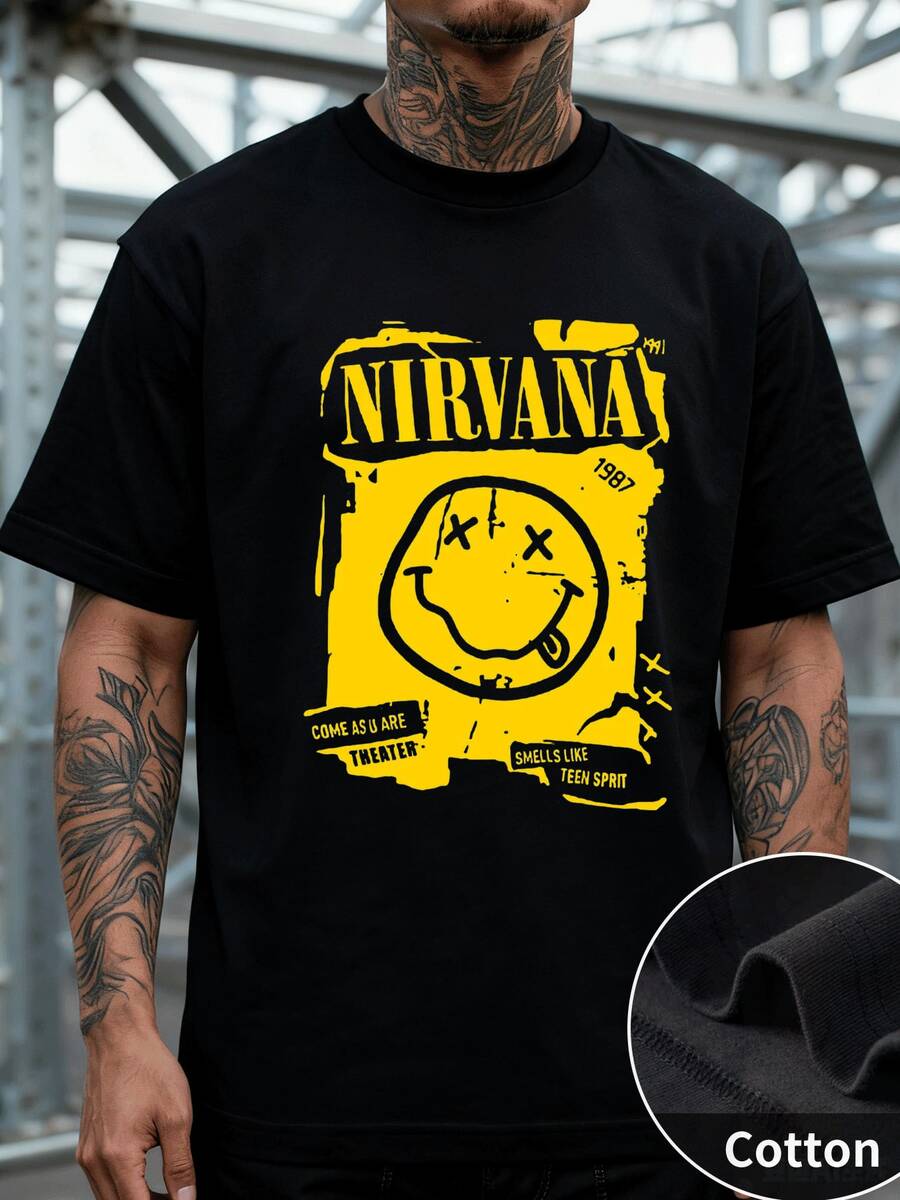 Estilo Vintage Camiseta de Manga Corta para Hombre con Poster de 1987, Diseño de Smile Face Roto con Frases Iconicas, Corte Clásico y Reversible, Ideal para Amantes del Rock Alternativo, Perfecta para Festival de Música y Estilo Retro, 220 g 100 % algodón, Suave y Duradero, Producto de Colección - Negro - Ver 1