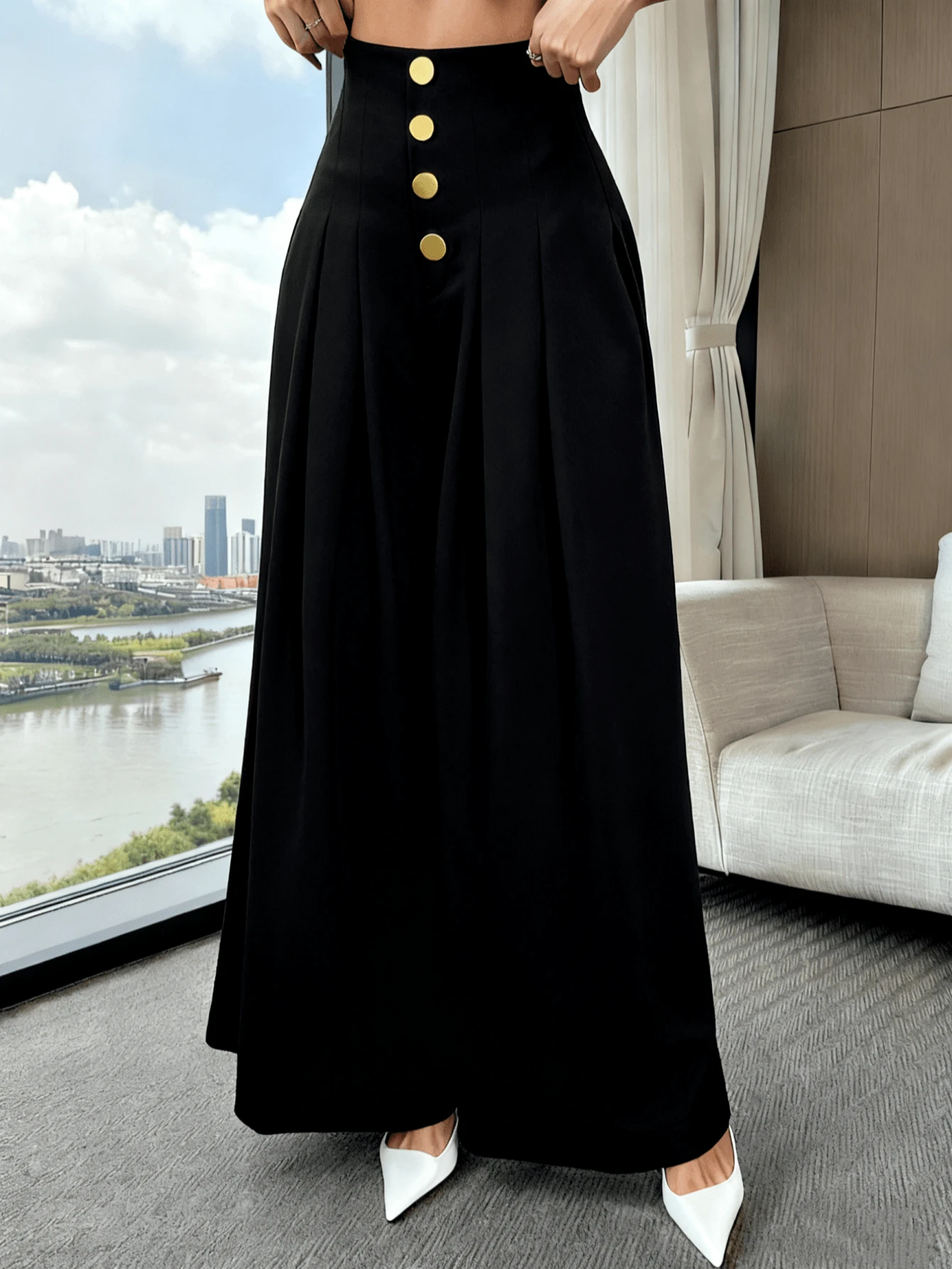 Women's Loose-Fitting Wide-Leg Pants, Solid Color, With Front Buttons And Pleats, Sizes S, M, L - 黑色 - 查看 1