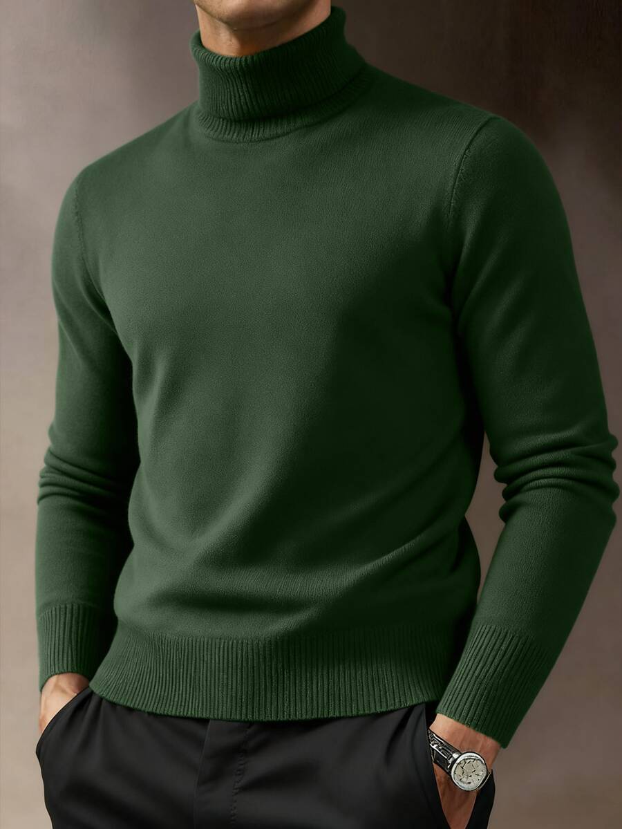 Men's Casual Solid Color Slim Fit Turtleneck Sweater, Autumn/Winter - Green - View 1