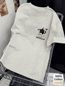 Cartoon Print Short Sleeve Mid-Length T-Shirt For Women, Stylish Graphic Tee Casual Summer - Gray - View 3