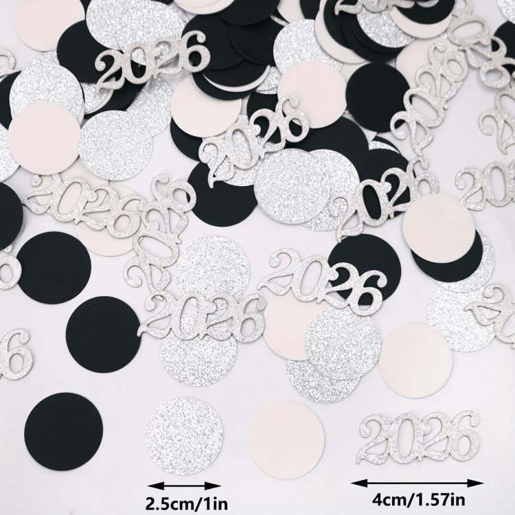 100pcs 2026 Shiny Silver & Black Confetti Dots And 2026 Tabletop Decorative Paper Confetti, Suitable For 2026 Wedding, Anniversary, Graduation, Retirement Celebration, Christmas, New Year, Winter Table, Room, Gift, Scatter Decor, Party Supplies - Multicolor - View 7