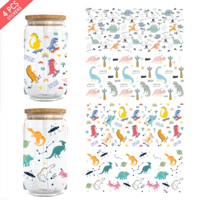 4pcs Colorful Dinosaur UV DTF Cup Stickers, Fit For 16oz Libby Glass Cups - Waterproof 3D Crystal Transfer Decals, Suitable For DIY Crafts, Mugs, Laptops, Etc.