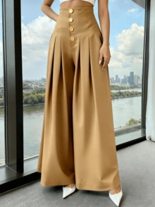Women's Loose-Fitting Wide-Leg Pants, Solid Color, With Front Buttons And Pleats, Sizes S, M, L - 卡其色 - 查看 2
