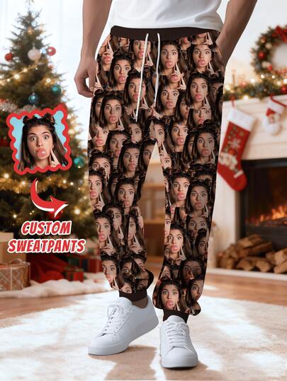 Customized Men's Casual Sweatpants With Personalized Face Design, Upload Your Photo And Customize The Pattern, Comfortable And Fashionable Loose Fit Joggers, Suitable For Casual Daily Wear, Weekends, Hangouts With Friends, Travels, Halloween, Christmas, Autumn/Winter Men's Clothing, Perfect Gift Idea