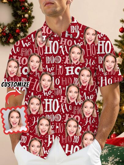 1pc Customizable Men's Christmas Shirt, Personalize With Custom Photo And Christmas Prints, Button-Down Casual Shirt With Funny Face Design, Featuring "Hohoho" Christmas Motif, Casual Christmas Style Suitable For Daily Wear, Vacation, Holiday Celebration, Custom Men's Loungewear, Perfect Gift For Friends And Family