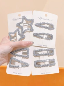 10 pièces/set Pinces à cheveux géométriques en strass faites à la main, assortiment d'accessoires pour cheveux en forme d'étoile et de cœur brillants - convient aux femmes et aux filles, peut compléter les tenues décontractées, professionnelles ou de soirée, indispensable de mode, style aléatoire, accessoires pour la tête - Multicolore - Voir 5