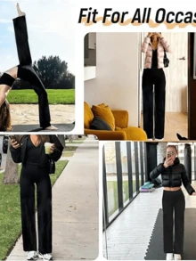 女士高腰阔腿裤，弹力直筒裤，冬季商务工作保暖套装裤，休闲直筒OL百搭裤，宽松保暖内衬休闲裤，适合步行、购物、运动，黑色 - 黑色 - 查看 6