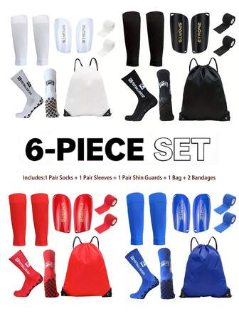 Juego de 6 piezas de equipo deportivo: Calentadores de pierna con puntos antideslizantes para fútbol + Mangas para piernas + Espinilleras + Bolsa de almacenamiento + Vendaje, Kit de entrenamiento profesional multicolor