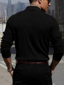 Men's Long Sleeve Ribbed Knit Polo Shirt, Minimalist & Fashionable, Suitable For Daily Commute, Spring/Autumn, Fall