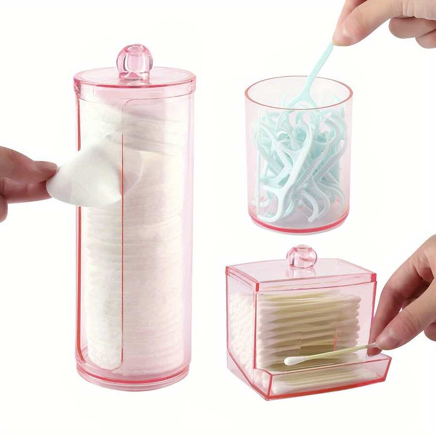 3pcs/Set Clear Pink Plastic Qtip Holder Dispenser | Apothecary Jar Containers Bathroom Accessories Set Storage Box Organizer For Swab, Ball, Pads, Floss, Canisters