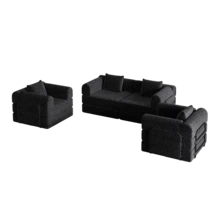 Sofá Cama Chenille 2 en 1 con Almacenamiento en el Reposabrazos, Tres Estructuras Metálicas y Múltiples Opciones de Configuración. Conjunto de Dos Piezas - Negro + Chenilla + 4 plazas - Ver 7