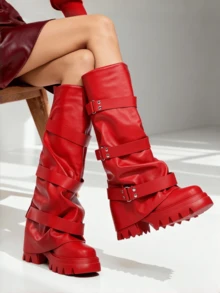 Punk Women's Combat Boots Knee High Round Toe Straps Pull On Wide Calf Pleated Loose Thick Sole Motorcycle Boots Outdoors Cosplay Dressy Slouchy Long Boots - Đỏ - Xem 2