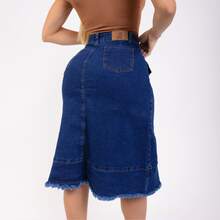 Rebeca Women's Midi Denim Skirt, High Waist, With Pockets, Frayed Hem, And Elastane Lycra. - QUẦN JEAN MÀU XANH LÁ CÂY - Xem 3