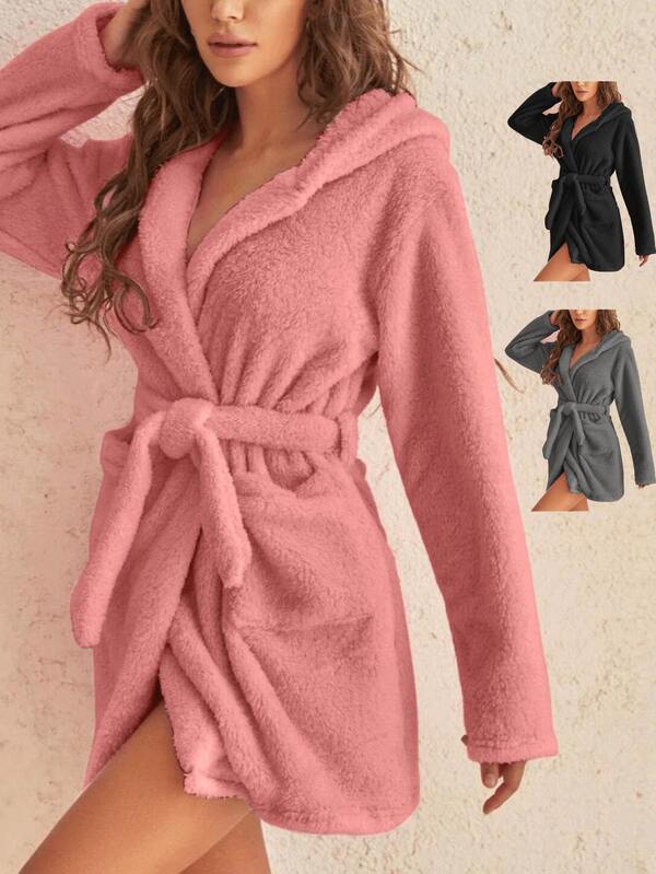 Women's Flannel And Coral Fleece Bathrobe, Hooded Bathrobe, Thickened Long Robe, For Homewear, For Fall And Winter, Loungewear, Pockets, Plush & Soft, Suitable For Bathroom, Bedroom, Living Room, Pool, All Seasons Back To School