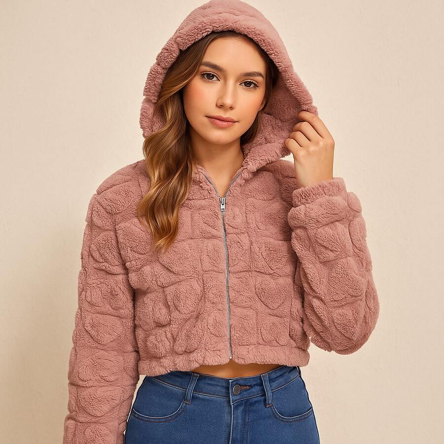 Soft Girl Energy  | Chamarra Teddy Rosa con Corazones - Rosa Pálido - Ver 1