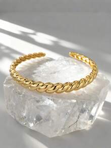 Charm-In 1 件简约编织开口手镯，18K 镀金铜饰品，时尚女装单品，适合日常和派对佩戴 - 金色 - 查看 10