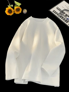 1pc Men's V-Neck Ribbed Knit Sweater Long Sleeve T-Shirt, Knitted Fabric, Casual Style, Elegant Old Money Vibe, Textured Fabric With Comfortable Drape, Pill-Resistant And Non-Deforming, Minimalist Design With Hidden Details - White - View 6