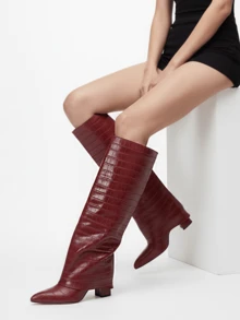 Women Ruched Fold Over Boots Fashion Luxury Pointed Toe Mid-Calf Wedge Boots Slip On Wide Calf Boots Slouch Knee High Boots For Women,Date Night,  Halloween,Christmas Party - 酒紅色 - 查看 7