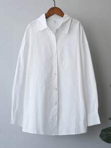 Women's Solid Color Drop Shoulder Long Sleeve Casual Button Front Collared Shirt - White - View 5