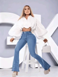 Pantalones vaqueros acampanados azul claro para mujer, de corte elegante y largos, con bolsillos funcionales y cremallera. - Negro - Ver 4