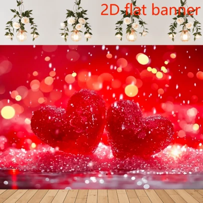 2D Flat Banner Valentine's Day Photography Backdrop February 14 Romantic Valentine Scenes Red Heart Floral Wedding Party Photo Background