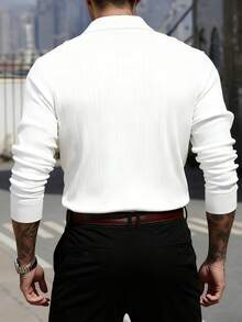 男士宽松修身长袖罗纹针织Polo衫，简约时尚，适合日常通勤，春秋季穿着