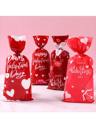 50pcs Valentine's Day Candy Bags, Single-Use Plastic Gift Bags With Cartoon Heart Pattern, Fantasy Theme Party Favor Packaging Suitable For Wedding, Valentine's Day, Holiday Occasions, Gift Bags Decoration