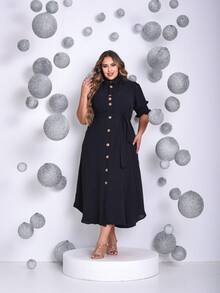 Women's Plus Size Evangelical Shirt Dress, Sizes G1 G2, Casual, Elegant, Comfortable, Long, Everyday Wear - 黑色 - 查看 1