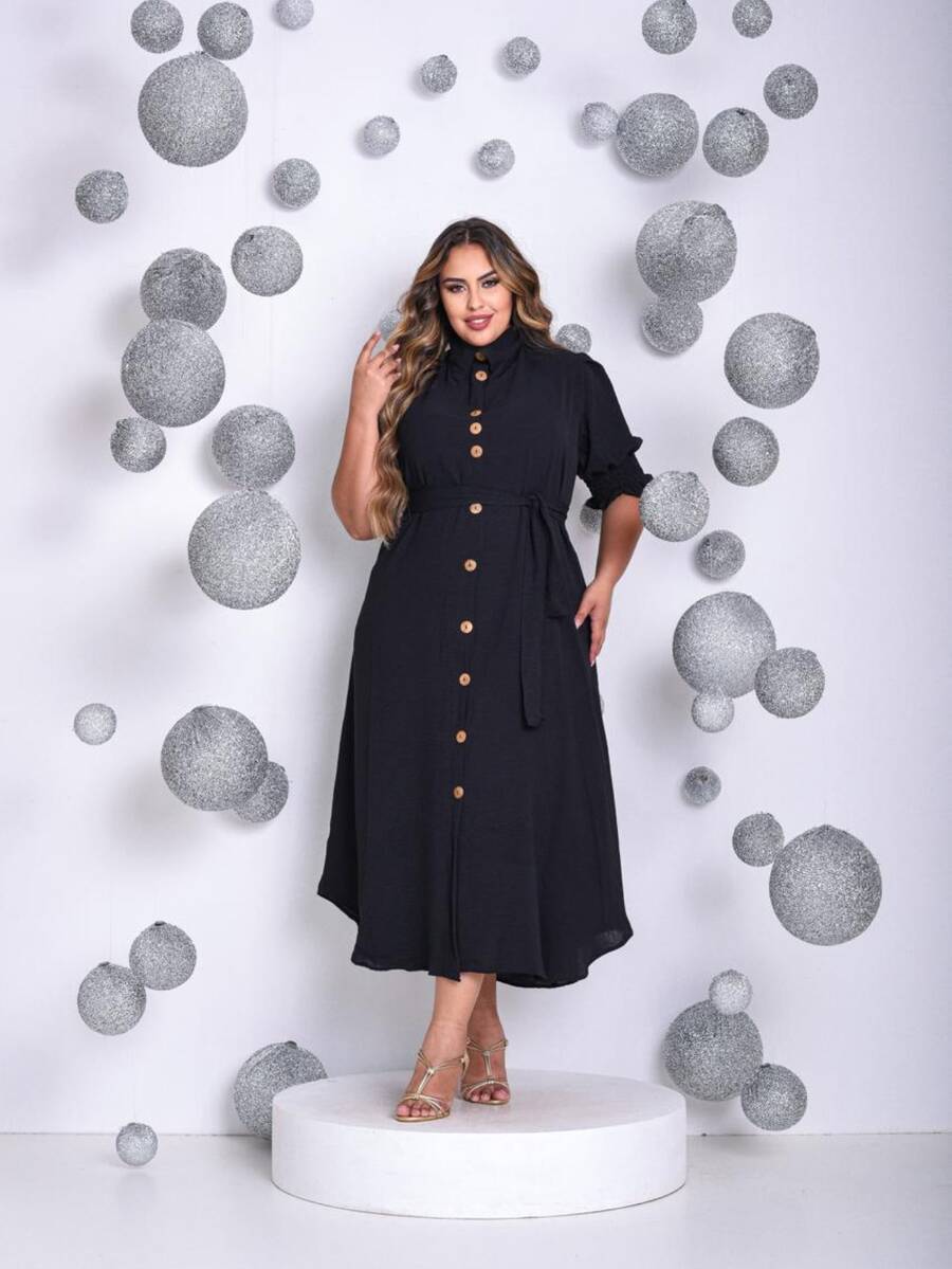 Women's Plus Size Evangelical Shirt Dress, Sizes G1 G2, Casual, Elegant, Comfortable, Long, Everyday Wear - 黑色 - 查看 1