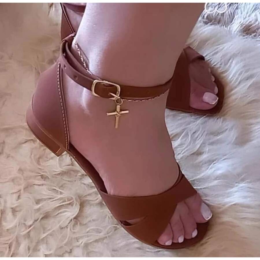 Women's Beach Sandal In PU Leather With Butterfly Buckle And Knot - Crossover Style - Rust Brown - View 1