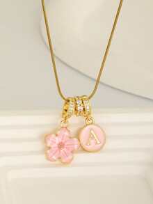 1 Pc Cute Popular Pink Lucky Five-Leaf Flower A-Z 26 English Initials Double Pendant Stainless Steel Gold Necklace Clavicle Chain For Kids Daily Street Party Wear For Family Birthday / Christmas Valentine's Day Exquisite Gift