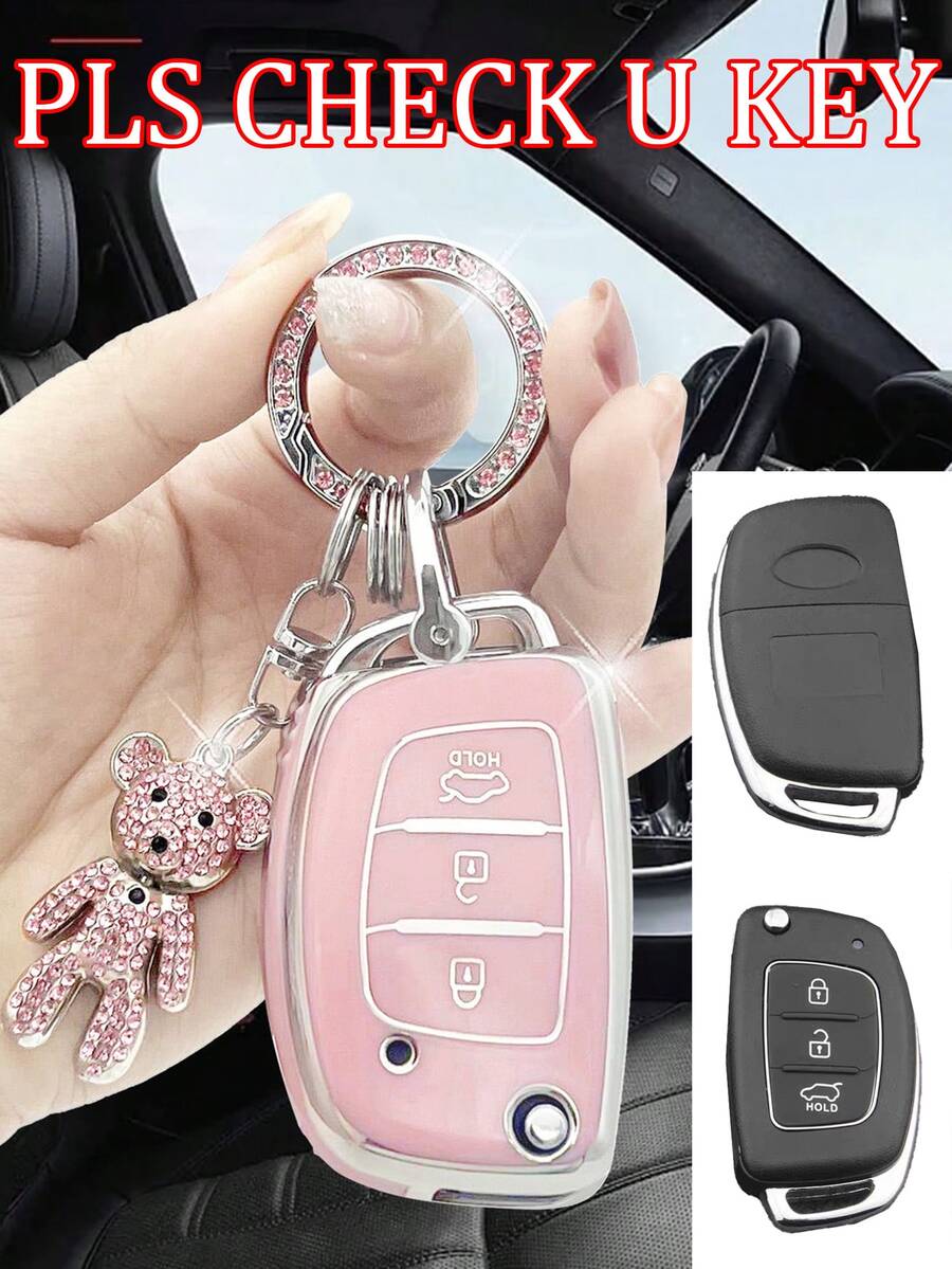 現代 Santa Fe 2013-2015 汽車鑰匙保護套,附水鑽熊造型鑰匙圈,精緻鑰匙遙控器保護殼,柔軟 TPU 鑰匙殼,全方位保護汽車鑰匙套 - 彩色 - 查看 1