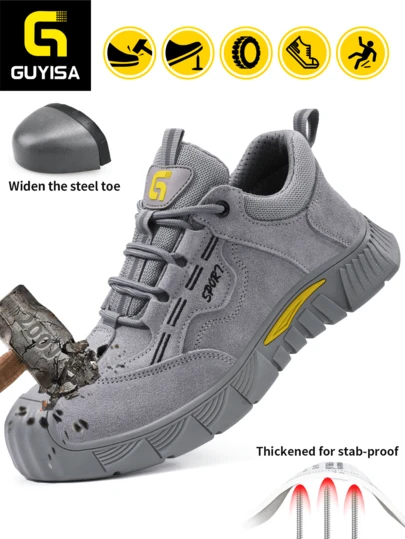 GUYISA Men's Safety Shoes Steel Toe Anti-Smash Anti-Puncture Suede Leather Casual Low-Top Lace-Up Safety Shoes, Gray, All Season
