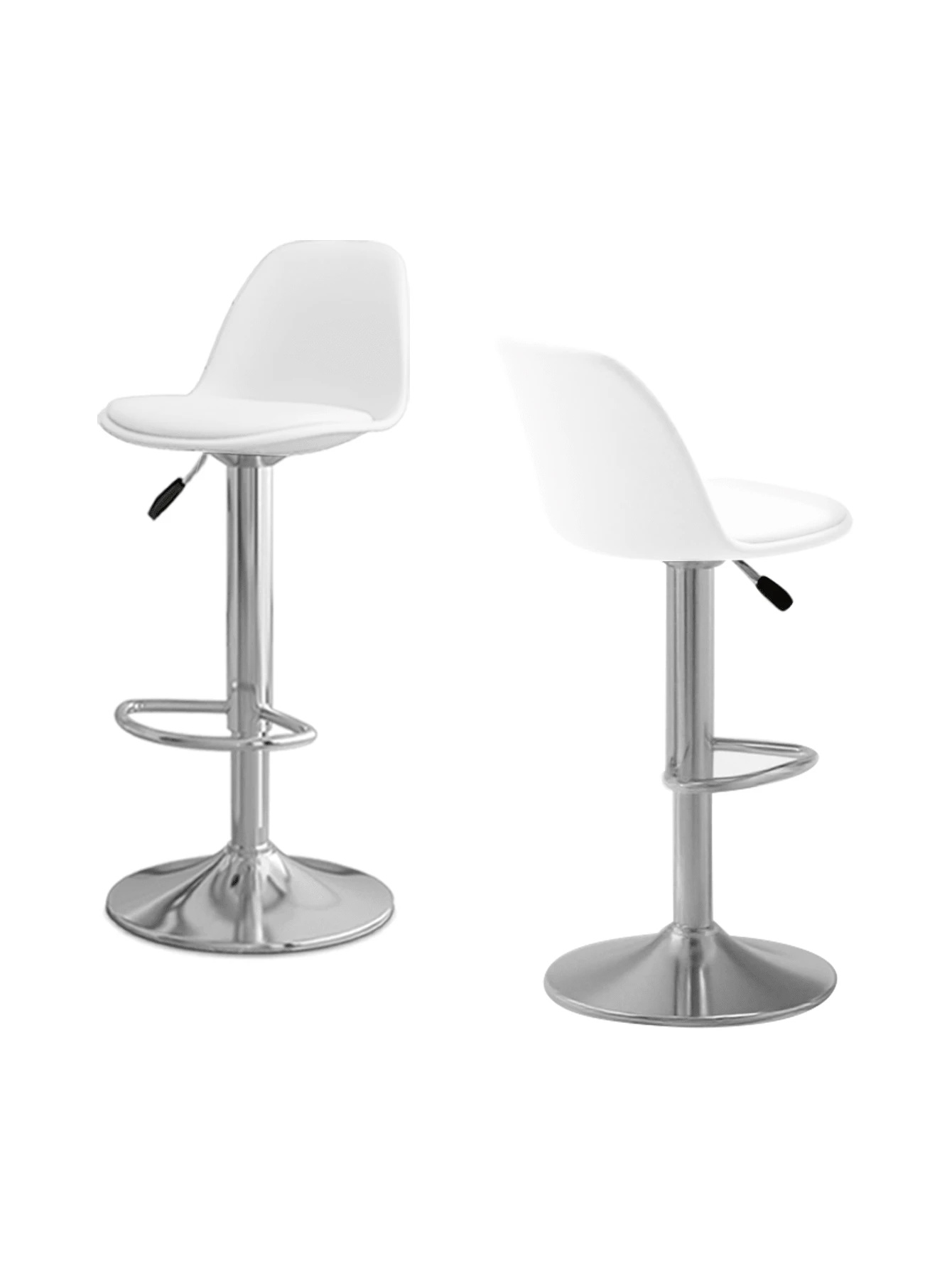 Conjunto de 2 sillas de bar giratorias ergonómicas de estilo moderno y minimalista. Giratorias 360° + ajuste de altura de la silla por elevación hidráulica (83 - 104 cm). Respaldo medio (24 cm de altura) + reposapiés de metal. Base de metal cromado + cuerpo de la silla de 100% polipropileno. Resistente y duradera, soporta una carga de 100 kg. Adecuadas para bares / zonas de desayuno / restaurantes. Cuatro colores disponibles: rosa, blanco, negro y gris. - Blanco - Ver 1