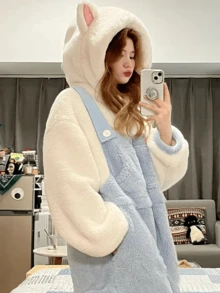 Bata de mujer con diseño lindo de gato de peluche, pijama con lazo azul y blanco de gato, bata de baño suave de peluche con diseño de dibujos animados, bata con capucha de manga larga forrada térmicamente para mujer con detalles de lazo rosa, ropa de dormir cálida para primavera/invierno con bolsillos, ropa de dormir linda, ropa de estar en casa cómoda, diseño juguetón, textura suave, ropa de casa de invierno de mujer de manga larga con talla grande, artículos esenciales de invierno, perfecta para Año Nuevo - Multicolor - Ver 5