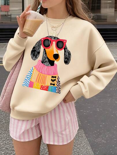 1PC Girls Cute & Fun Dachshund Print Crew Neck Sweatshirt, Comfortable And Soft, Spring & Autumn Daily Casual Wear