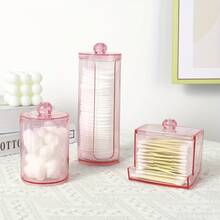 3pcs/Set Clear Pink Plastic Qtip Holder Dispenser | Apothecary Jar Containers Bathroom Accessories Set Storage Box Organizer For Swab, Ball, Pads, Floss, Canisters