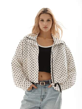 HZXVIC Ladies' Autumn New Polka Dot Foam Yarn Drawstring Zipper Ribbed College Standing Collar Jacket Jacket