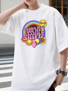 Estilo Psicodélico Playera de Algodón para Hombre con Diseño de Arcoíris, Flores y Sol, Frase Divertida "¿Quieres Probar Mi Olor?", Estética de los 70s y 60s, Corte Relajado Ideal para Festival de Música o Playa, Perfecta para Jóvenes con Estilo Bohemio, 220 g 100 % algodón, Suave, Transpirable y Ecológico, Producto  en Escena Hippie y Cultural - Blanco - Ver 11