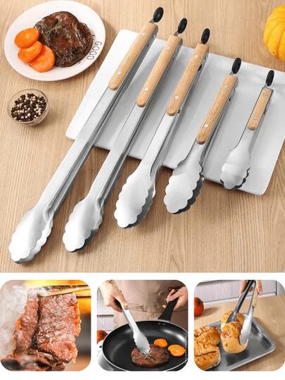 1pc Stainless Steel & Wooden Food Tongs, Barbecue Tongs, Kitchen Food Clip, Korean BBQ Tongs, Wooden Handle Steak Tongs, Extra Long Cooking Food Tongs, Heat Resistant Cooking Tongs, Suitable For Serving Food, Grilling, Salad, Baking - Essential Kitchen Tool, Applicable For Home, Outdoor, Picnic, Hotel And More, Gourmet Essential